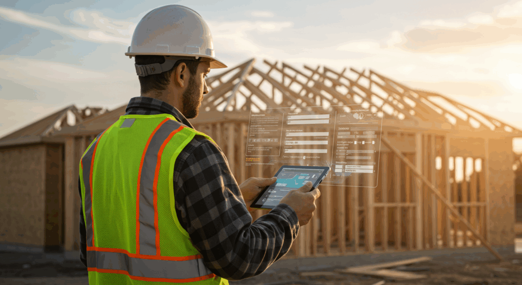 Contractor viewing a tablet with a floating digital form beside a wood framed house
