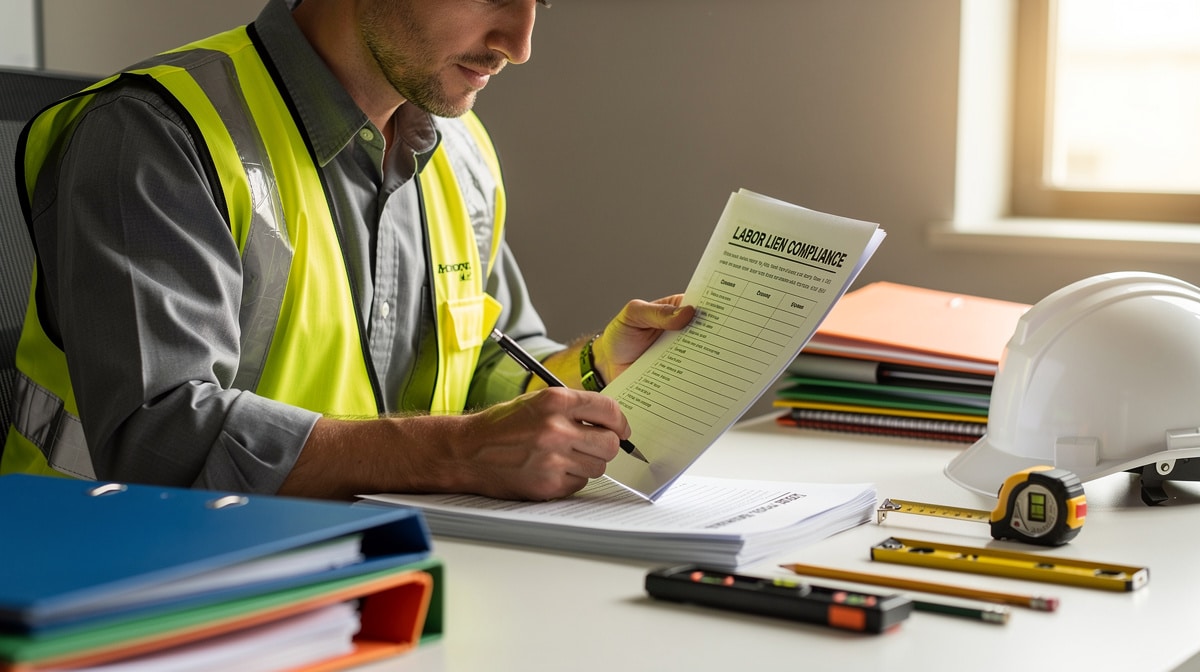 Contractor reviewing a Texas labor lien compliance checklist and documents
