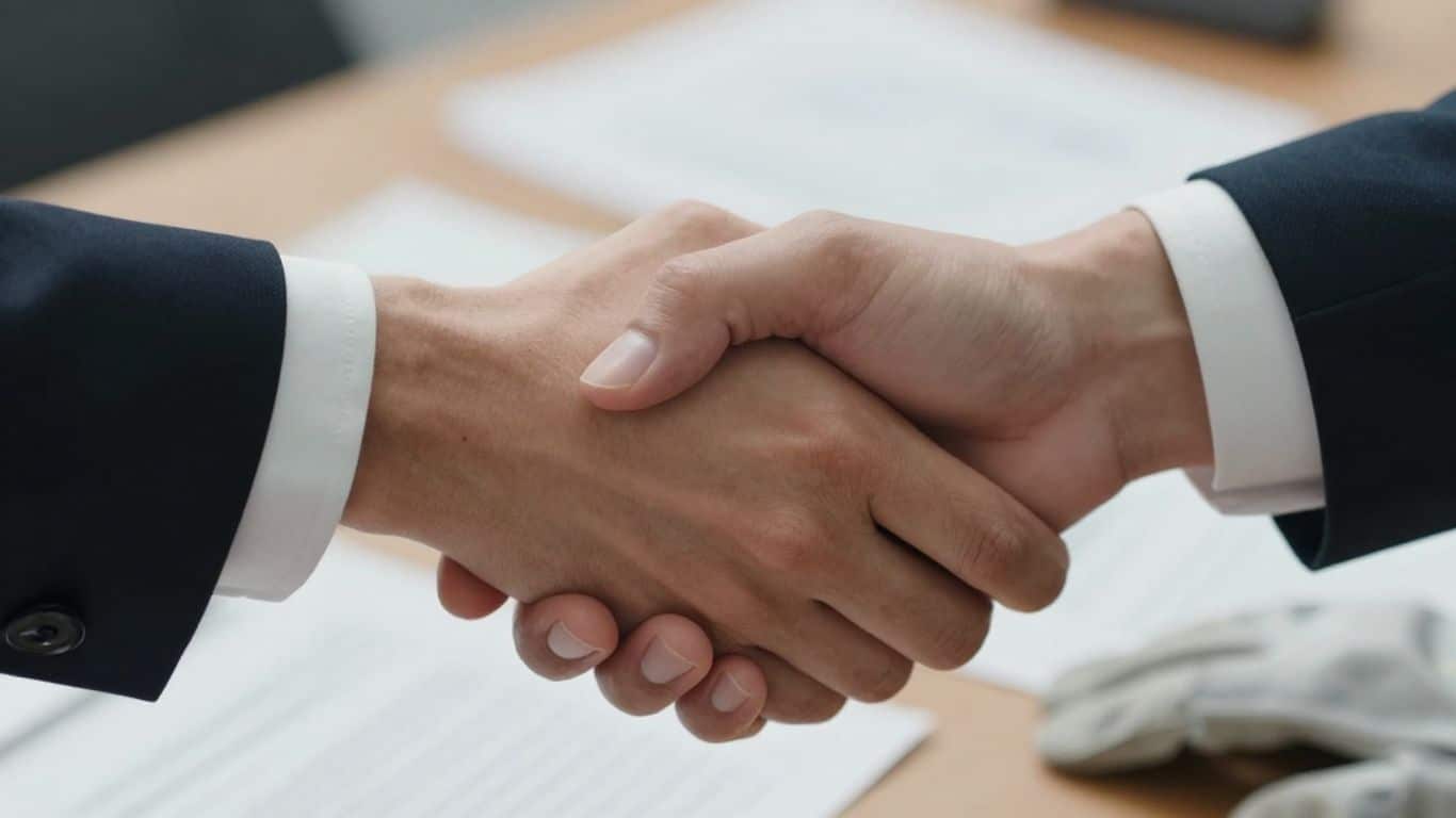 Hands shaking, resolving a contractor lien dispute.