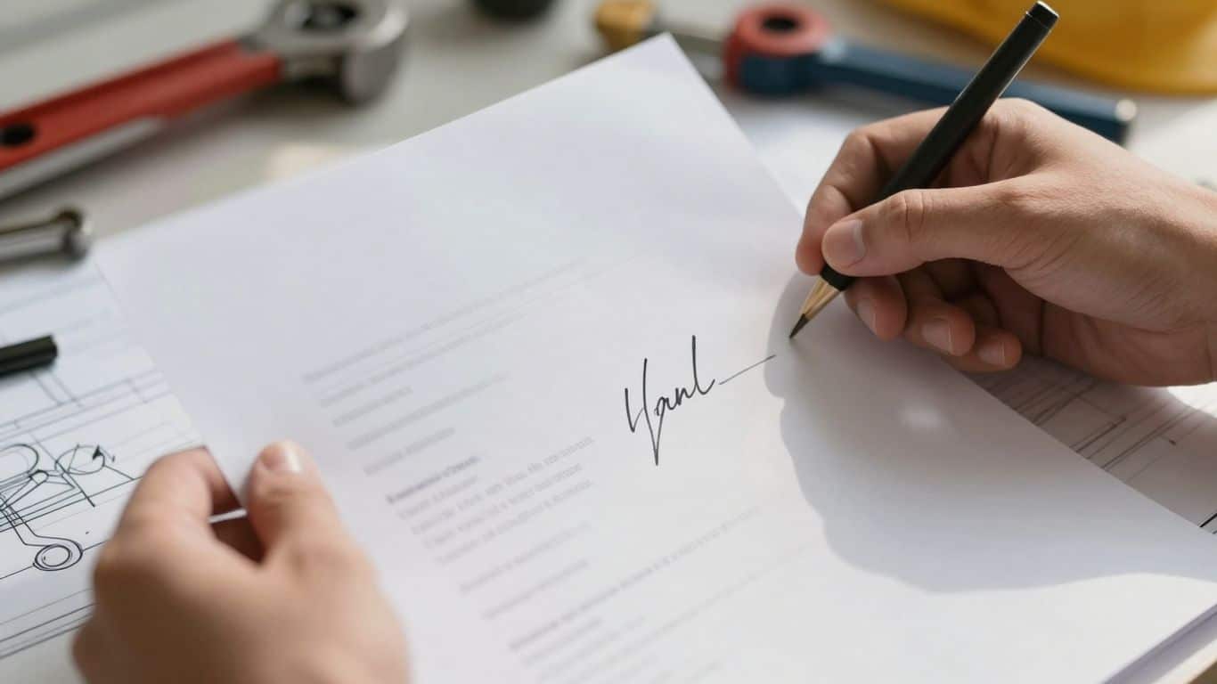 Mano sosteniendo un documento firmado, fondo de construcción.