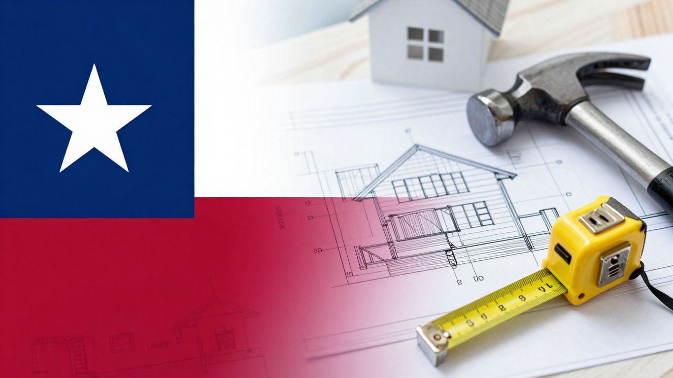 Texas lien law blueprint with hammer and measuring tape.