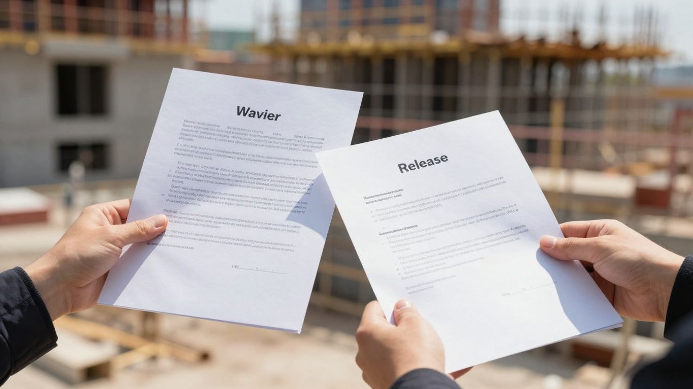 Hands exchanging lien waiver and lien release documents.