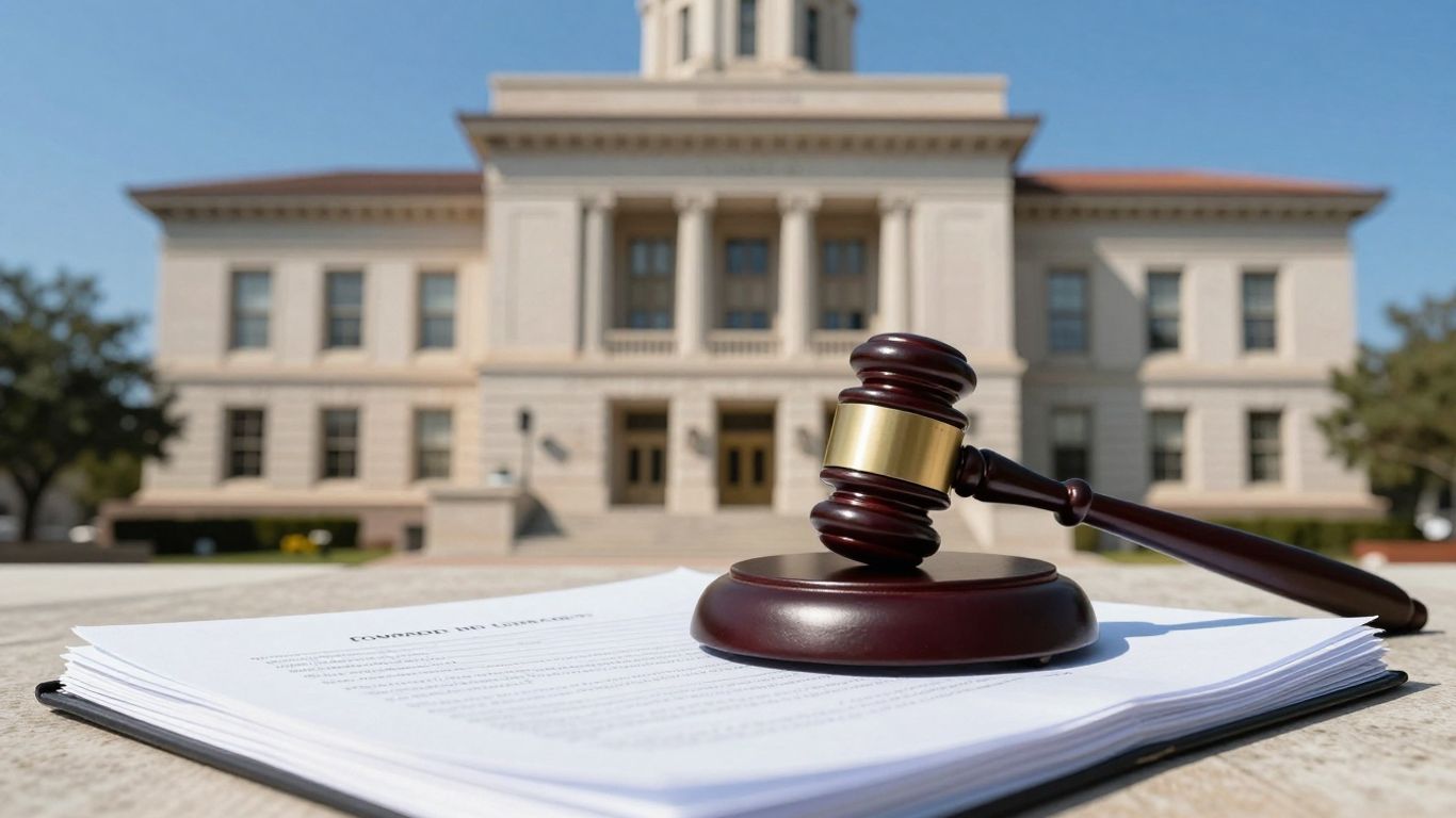 Texas courthouse, gavel, and legal documents.