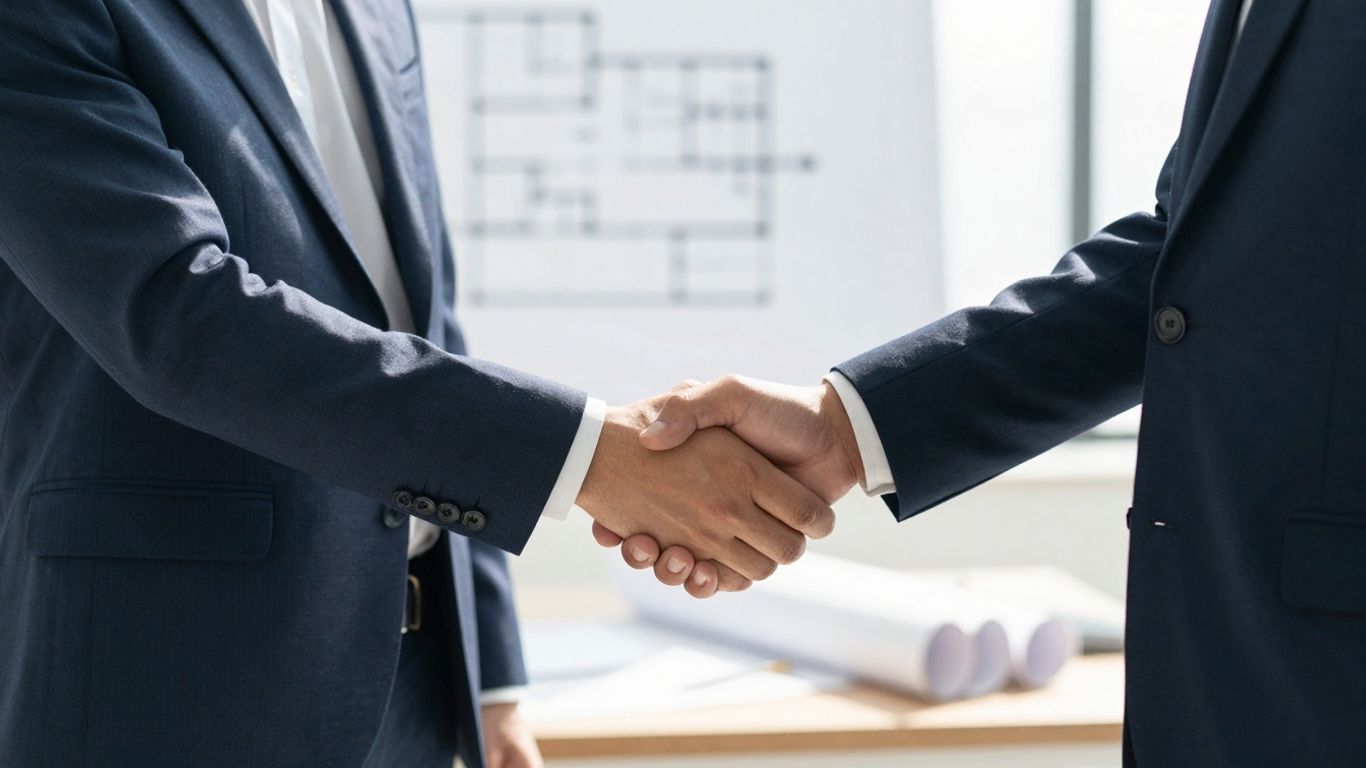 Handshake between contractor and client, legal rights agreement.