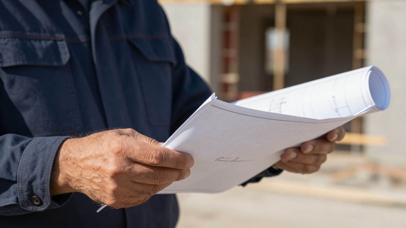 Contractor holding blueprint on construction site.