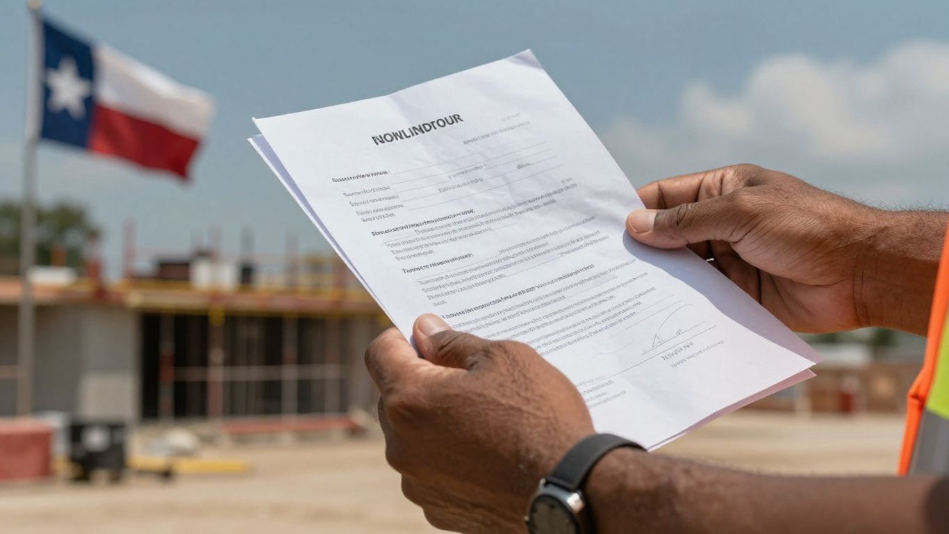 Texas construction lien document with a worker's hands.