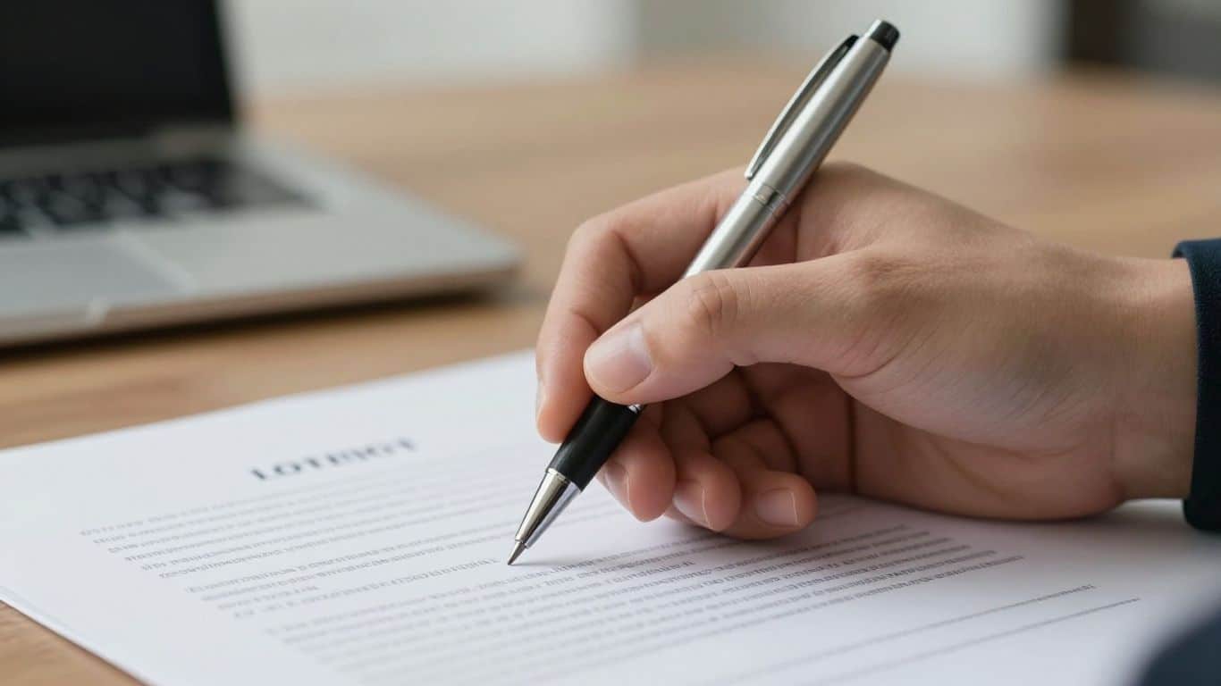 Hand holding pen over Texas mechanic's lien document.