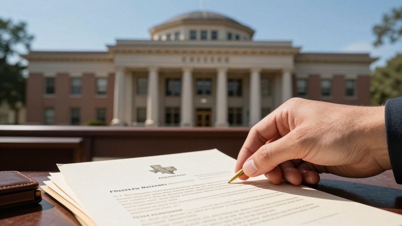 Texas courthouse and legal documents for property lien filing.