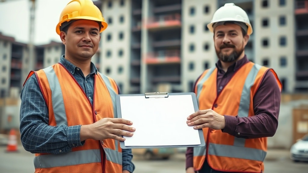 Two construction workers in safety vests holding a clipboard between them on a building site