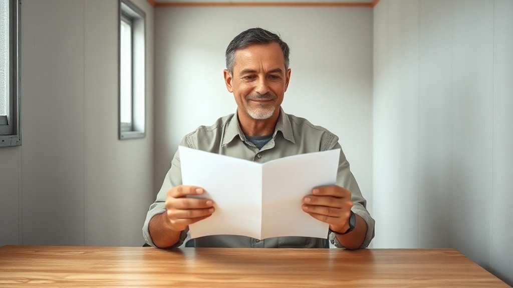 Contractor seated at a desk in a site office reading a stack of documents