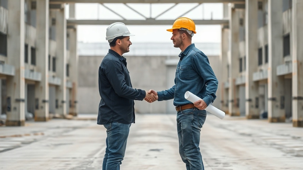 Two contractors shaking hands inside an unfinished commercial building while one holds rolled drawings