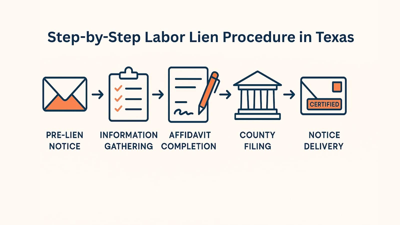 Five-step labor lien procedure for filing liens in Texas.