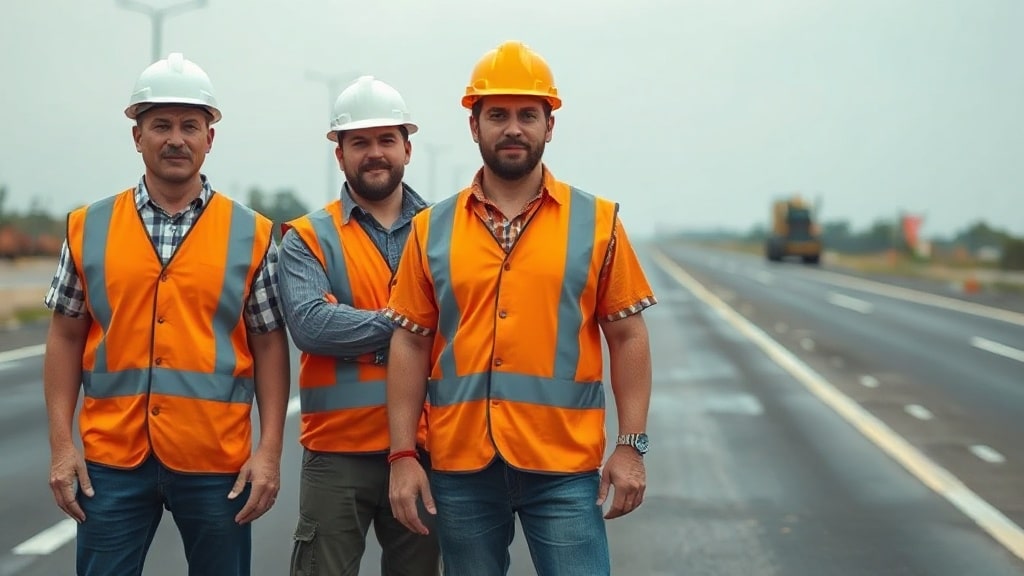 Three road construction workers in orange safety vests standing on a highway under construction