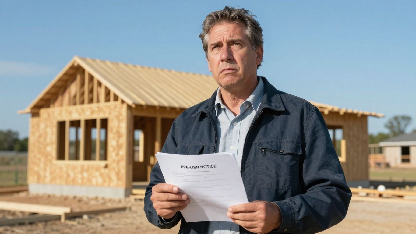 Texas contractor with pre-lien notice document near construction site.