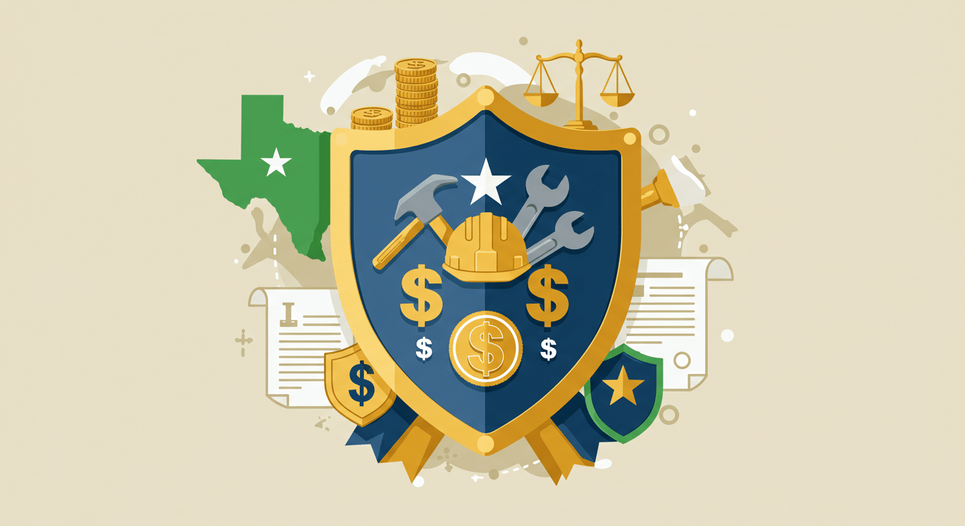 Texas Contractor Payment Protection and Lien Rights Shield Escudo protector con herramientas y dinero de la construcción, que representa los derechos de retención del contratista en Texas.