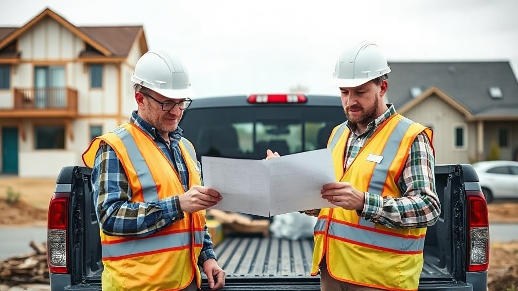 Two subcontractors in hard hats and safety vests reviewing paperwork on a pickup truck tailgate