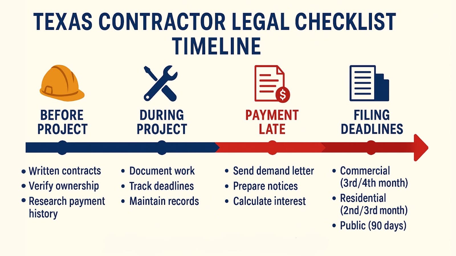 Texas Contractor Legal Checklist Timeline and Filing Deadlines Lista de comprobación legal para contratistas de Texas que muestra las fases del proyecto y los plazos de presentación.