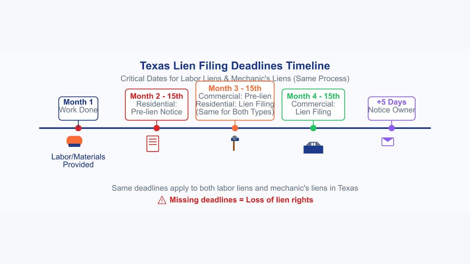 Texas lien filing timeline showing critical dates for labor lien and mechanic's lien requirements.