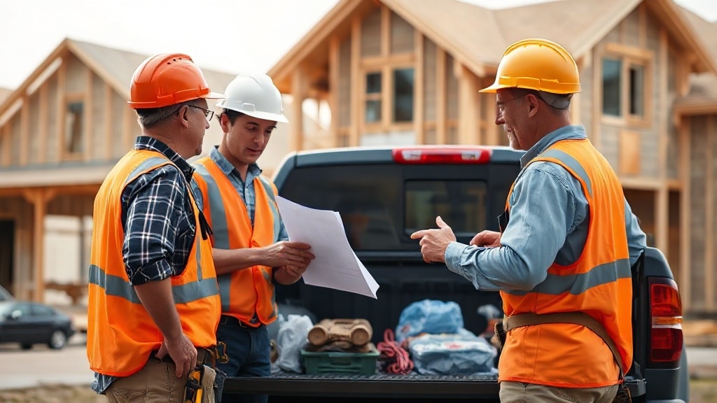 Three subcontractors in hard hats and safety vests reviewing paperwork on a truck tailgate at a Texas jobsite