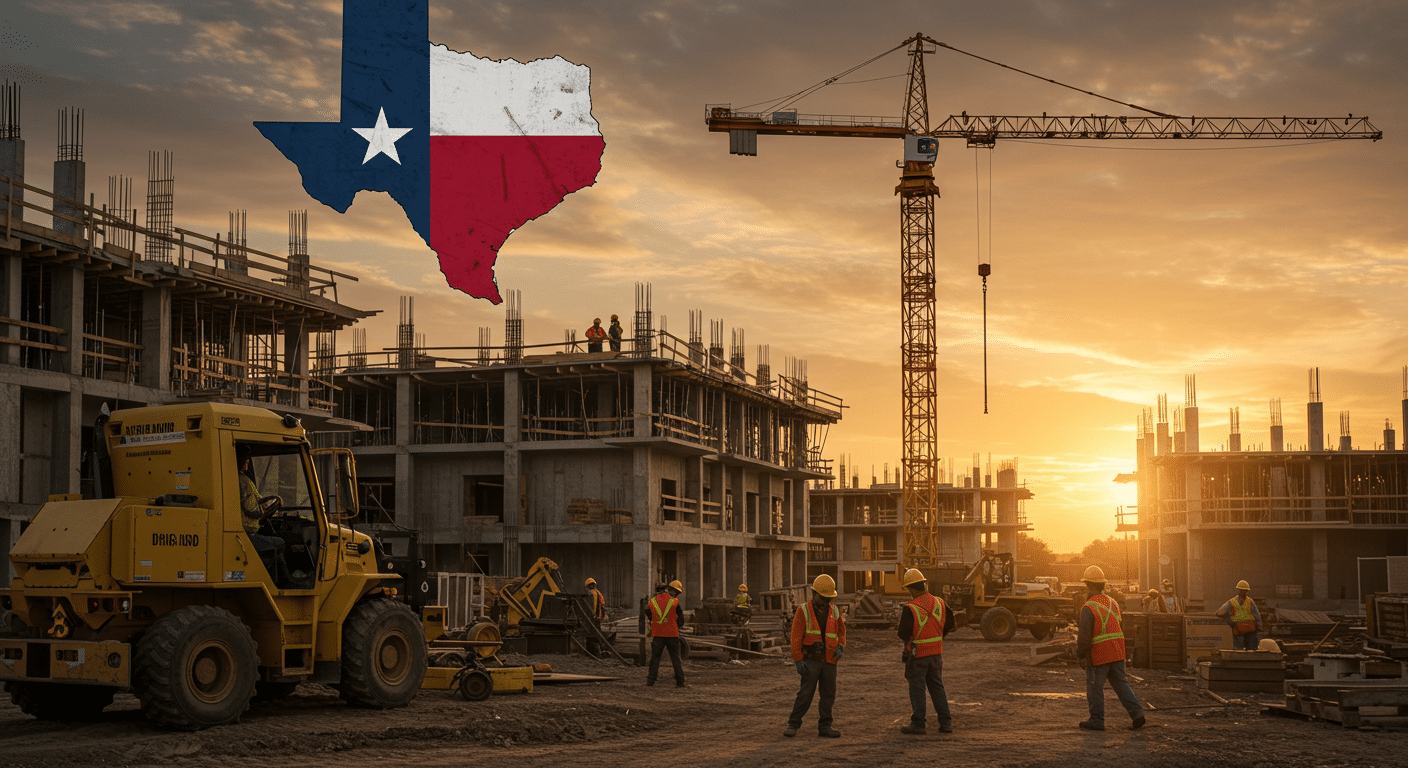 Texas Leading Construction Industry Growth and Opportunities Una próspera obra de Texas con grúas y trabajadores, que representa a la principal industria de la construcción del estado.