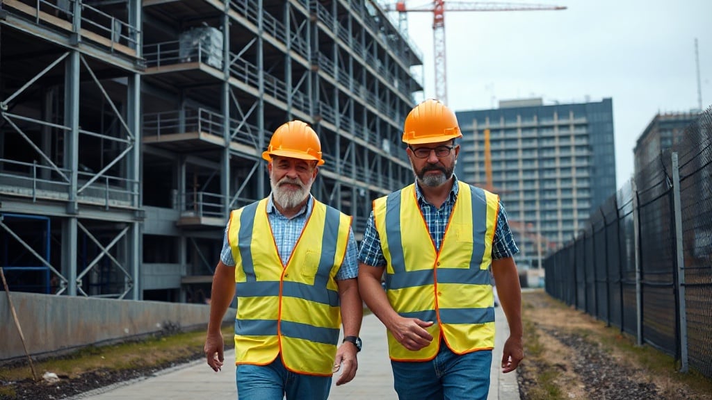 Dos trabajadores con chalecos de seguridad amarillos que pasan junto a un gran edificio en construcción con andamios